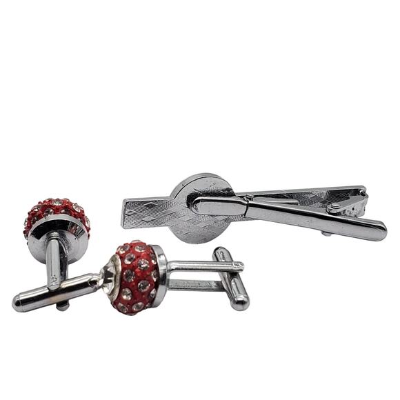 Retro Red Enamel Cufflinks Tie Clip Clasp Pave Crystal Silver Tone Ball Bold - Picture 5 of 8